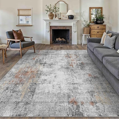 10x12 Washable Area Rug Grey Rust Abstract Living Room Bedroom Carpet Neutral Modern Non-Slip Soft Low Pile Lightweight Vacuumable Large Throw Rug for Dining Room