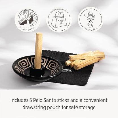 Luna Sundara Authentic Peru Pottery Palo Santo Stick Holder and Incense Holder with 5 Palo Santo Sticks Handmade Ceramic Smudge Bowl Sage Holder Black and White Maze Gift Set
