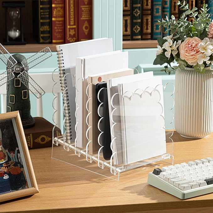 Clear Vertical File Organizer Acrylic File Holder Mails Letter Paper Envelope holder Stand Desk Organizer for Office Home School(Removable 5 Compartments,9.8 x 9.5 x 7.9 Inch)