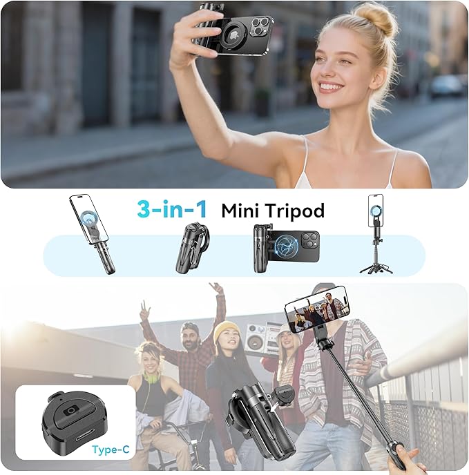 FOURPILLARS Magnetic Tripod Stand for iPhone, Mini Selfie Stick Tripod with Detachable Remote, Portable Cell Phone Tripod Stand Compatible with iPhone/Android, Live Streaming, Video Recording
