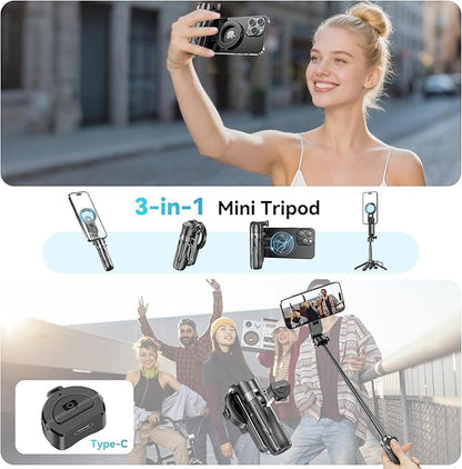 FOURPILLARS Magnetic Tripod Stand for iPhone, Mini Selfie Stick Tripod with Detachable Remote, Portable Cell Phone Tripod Stand Compatible with iPhone/Android, Live Streaming, Video Recording