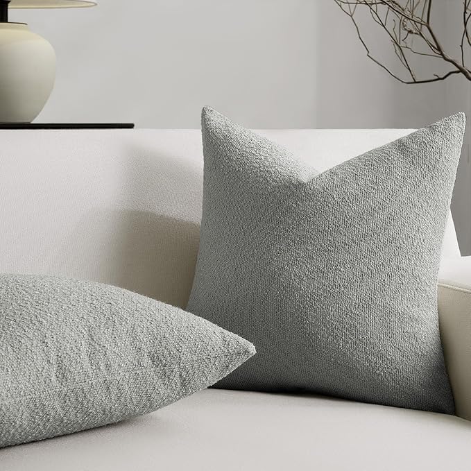Throw Pillow Covers 20 x 20 Inch Set of 2, Accent Soft Boucle Textured Pillow Cover, Decorative Solid Color Cozy Cushion Pillow Case for Couch Bedroom Sofa Living Room Home Decor, Light Gray
