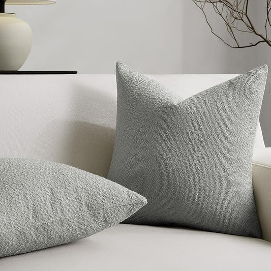 Throw Pillow Covers 18 x 18 Inch Set of 2, Accent Soft Boucle Textured Pillow Cover, Decorative Solid Color Cozy Cushion Pillow Case for Couch Bedroom Sofa Living Room Home Decor, Light Gray