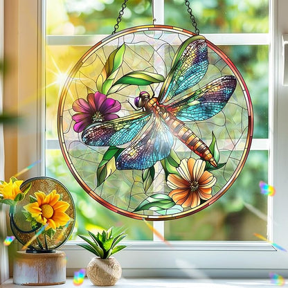 Bimkole Dragonfly Sun Catchers Indoor Window - Flowers Acrylic Suncatcher Hanging Decoration for Living Room Bedroom Summer Home Balcony Outdoor Garden Ornaments Decoration 7.8x7.8 Inch