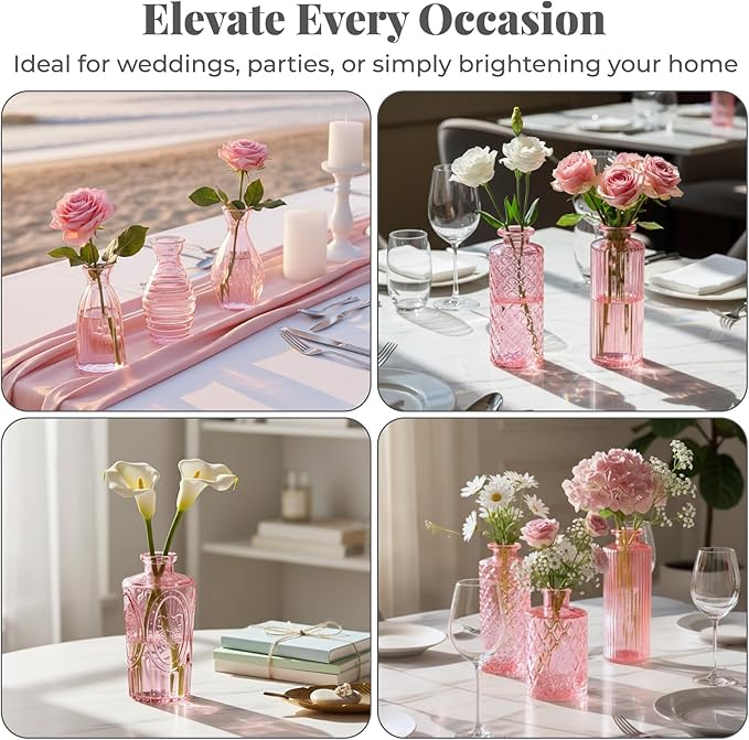 BEAHOT 32 Pack Pink Bud Flower Vase in Bulk,Mini Vintage Glass Bud Vases for Centerpieces,Wedding Decor,Party & Home Decaration,Mother's Day (Pink)