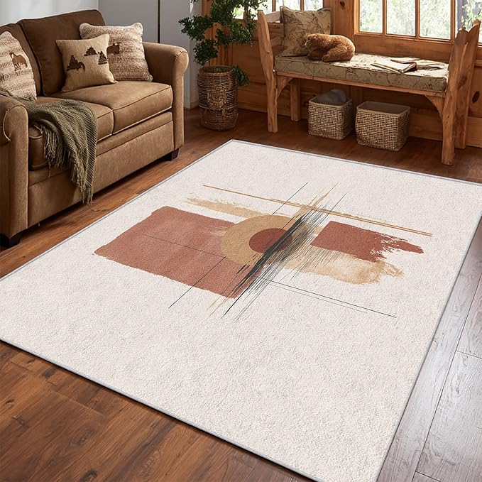 Boho Rug, 8x8 Area Rugs Geometric Minimalist Line Simple Pattern for Living Room, Bedroom, Boho Home Decor Accessories Indoor Carpet, Non Slip & Machine Washable