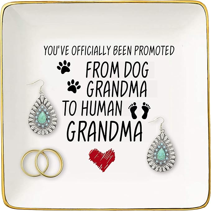 Promoted from Dog Grandma to Human Grandma – Ceramic Jewelry Holder Ring Dish Trinket Tray – Funny New Grandma Gifts - Grandma to Be - Pregnancy Announcement Gift