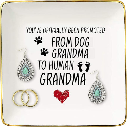 Promoted from Dog Grandma to Human Grandma – Ceramic Jewelry Holder Ring Dish Trinket Tray – Funny New Grandma Gifts - Grandma to Be - Pregnancy Announcement Gift
