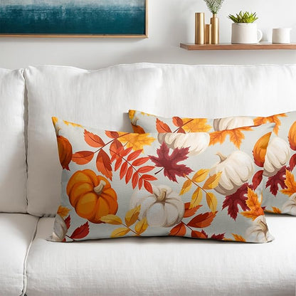 Pumpkin Fall Lumbar Pillow Covers 12x20 Set of 2 Orange Beige Autumn Thanksgiving Pillow Cases Maple Leaf Outdoor Decorative Holiday Cushion Cover Rustic Decoration Farmhouse Home Sofa Couch Bed Decor