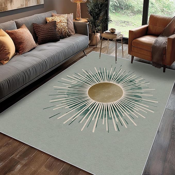 Sun Rug, 4x6 Area Rugs Boho Simple Minimalist Green Pattern for Living Room, Bedroom, Sun Home Decor Accessories Indoor Carpet, Non Slip & Machine Washable