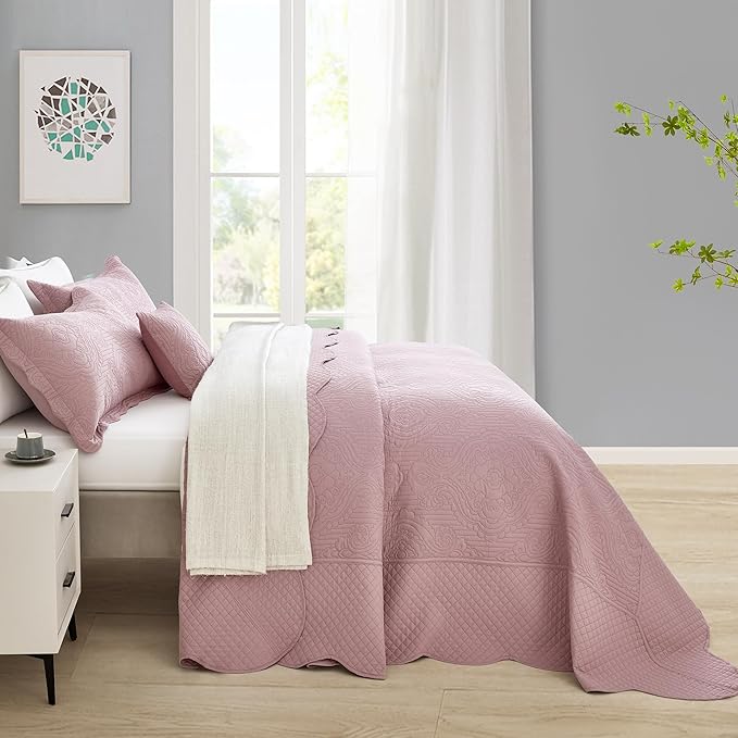 HZ & HY Oversized King Bedspread 128x120 Extra Wide, Ultrasonic Coverlet Bedding Set, Lightweight Thin Comforter, Reversible, 5 Piece, 100% Microfiber, Mauve Shadows