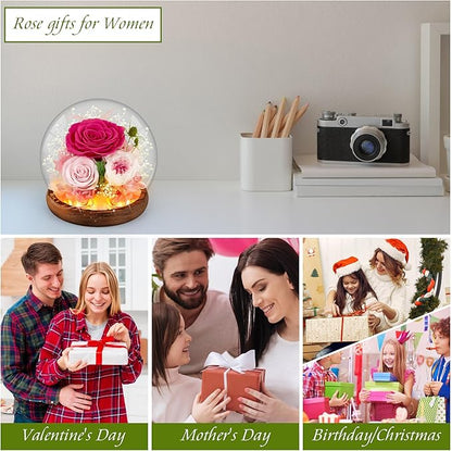 Pink Rose Birthday Gifts for Women Forever Flowers for Delivery Real Rose in Glass Dome with LED Strip, Preserved Flowers Gifts for Wife Girlfriend Mom on Wedding Anniversary