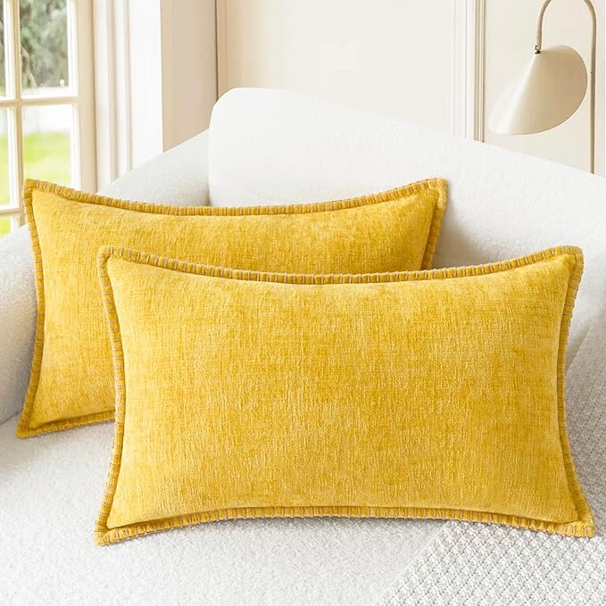 CaliTime Throw Pillow Covers Decorative 12 X 20 Inches Pack of 2 Cotton Thread Stitching Edges Solid Dyed Soft Chenille Cushion Cases for Couch Sofa Bed Living Room Farmhouse Mustard Yellow