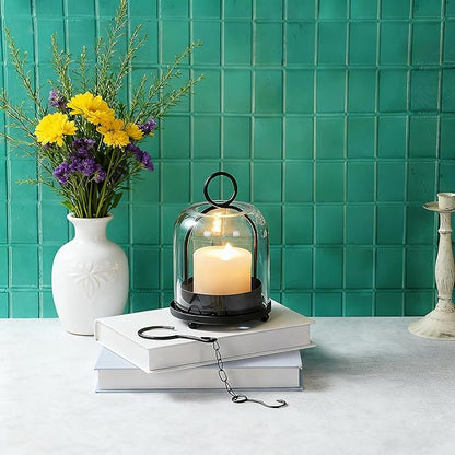 5"x7.5" Versatile Modern Metal Hurricane Lantern with Handmade Sturdy Glass Dome in Black for 3" Pillar Candle & Plants, Industrial, Farmhouse