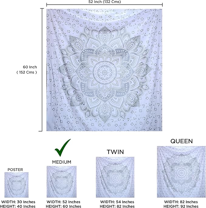 raajsee Metallic Silver Tapestry Grey Mandala Wall Hangings, Indian Cotton Beach Throw Blanket, Hippie Tapestries Boho Bohemian Decor,Twin Bedspread Yoga Meditation Mat Rugs, 52 x 60 Inches
