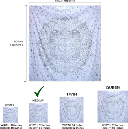 raajsee Metallic Silver Tapestry Grey Mandala Wall Hangings, Indian Cotton Beach Throw Blanket, Hippie Tapestries Boho Bohemian Decor,Twin Bedspread Yoga Meditation Mat Rugs, 52 x 60 Inches