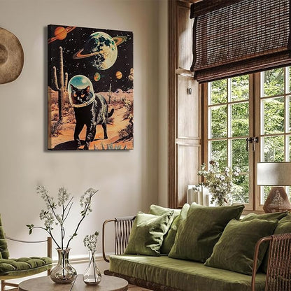 Ijeroain Black Space Cats Wall Art Funny Cat Wall Decor Pictures Cat astronaut painting artwork Cosmic planet Whimsical Print for Boys and Girls Room Bedroom home decoration 16x24in Canvas