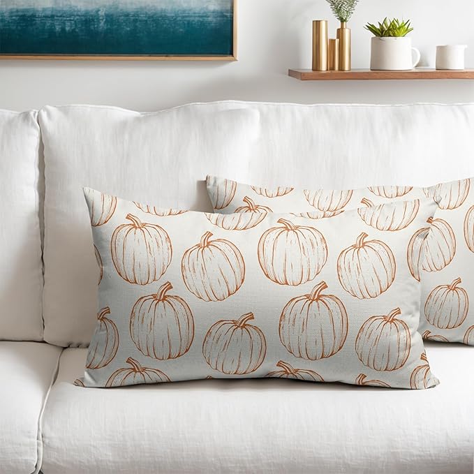 Fall Pillow Covers 12x20 Set of 2 Decorations Orange Pumpkin Throw Pillow Covers Decorative Thanksgiving Pillow Case Farmhouse Rustic Pillowcases Vintage Cozy Soft Autumn for Sofa Bed Home Decor