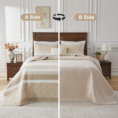 Finlonte 100% Cotton Overized King Bedspread Set, Striped Reversible Lightweight Quilted Bedspreads Coverlet, 3-Piece, Brown, King Size