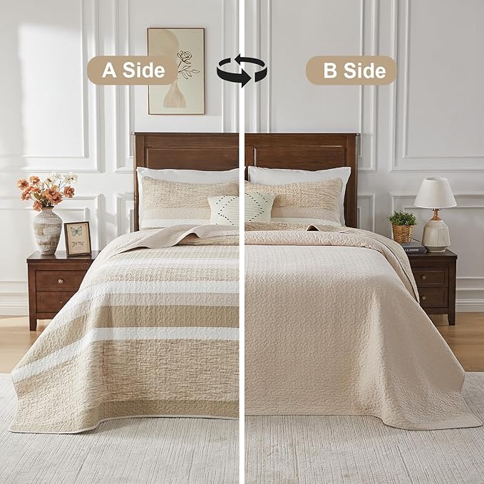 Finlonte 100% Cotton Overized King Bedspread Set, Striped Reversible Lightweight Super Large Quilted Bedspreads Coverlet, 3-Piece, Brown, California King Size