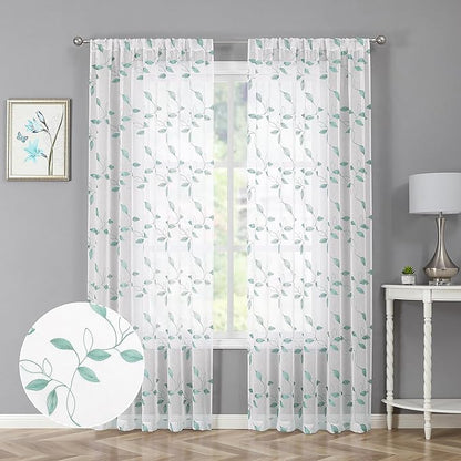 Tollpiz Teal Blue Leaf Sheer Curtains Leaves Embroidered Bedroom Curtain Rod Pocket Voile Window Treatment for Living Room, 54 x 84 inches Long, Set of 2 Panels
