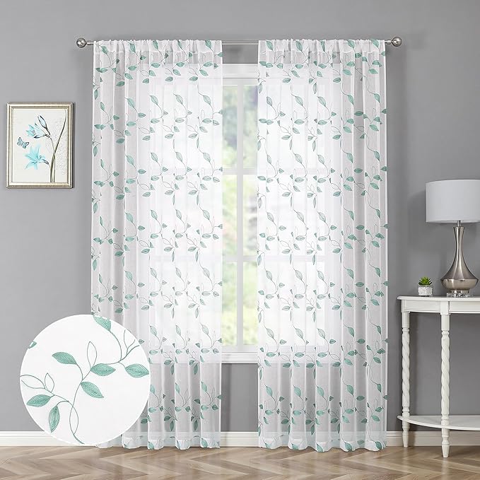 Tollpiz Teal Blue Leaf Sheer Curtain Leaves Embroidered Living Room Curtains Rod Pocket Voile Window Treatment for Bedroom, 54 x 72 inches Long, Set of 2 Panels