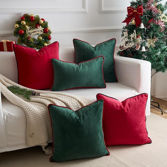 LIGICKY Set of 2 Christmas Red Velvet Throw Pillow Covers Modern Minimalist Style Solid Decorative Dark Green Rope Edging Soft Square Cushion Cases for Sofa Bedroom Party Décor, 20 x 20 inch