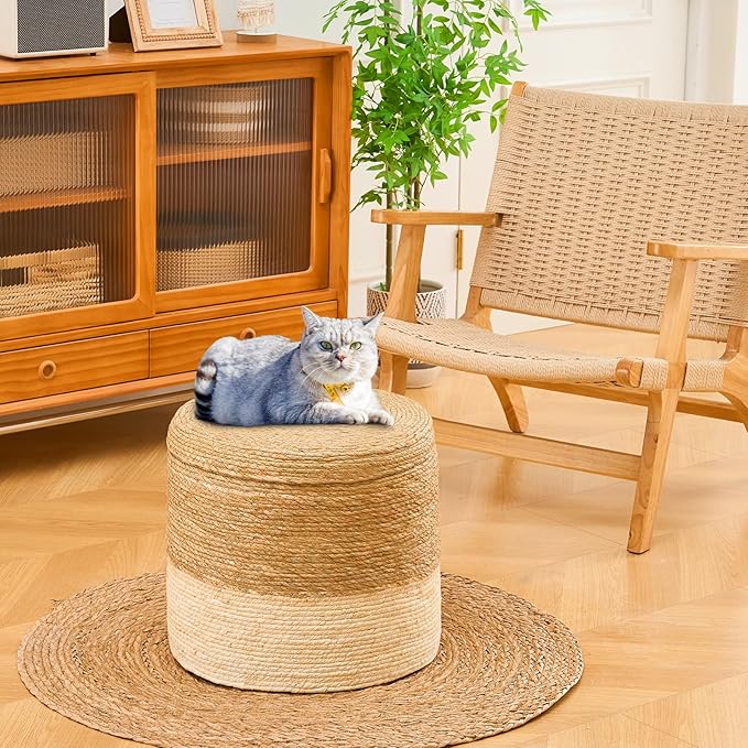 Wimarsbon Round Pouf Ottomans, Handwoven Natural Water Hyacinth Seagrass Pouffe,Outdoor Rattan Stool Accent Seat, Bohemian Coastal Home Decor (Storage - 18inch Natural Cattail & White Corn Shell)