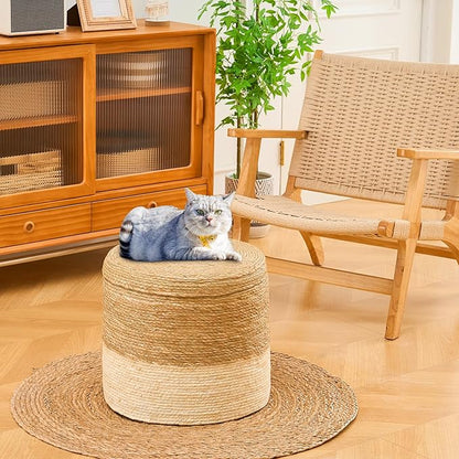 Wimarsbon Round Pouf Ottomans, Handwoven Natural Water Hyacinth Seagrass Pouffe,Outdoor Rattan Stool Accent Seat, Bohemian Coastal Home Decor (Storage - 18inch Natural Cattail & White Corn Shell)