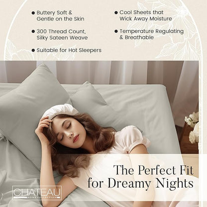 Organic Cotton Sheets Queen Size Bed Set Deep Pockets, 4 PC Cotton Queen Sheet Set, Soft Breathable Sateen Weave Elasticated Sheet & Pillowcase Sets, No Pill & Shrink, Machine washable- Silver