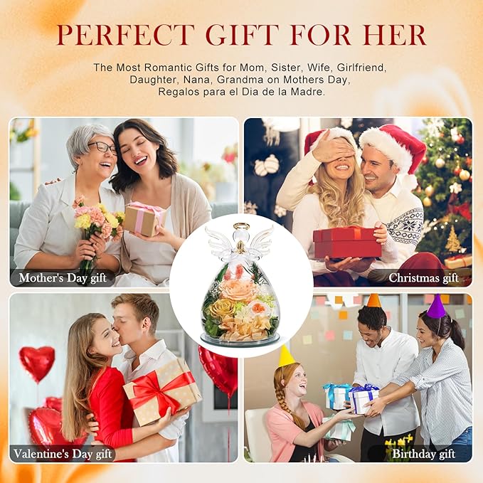 Gifts for Mom Birthday Gifts for Women Preserved Rose Forever Flower in Glass Angel Figurines Fresh Flowers for Delivery Mothers Day Anniversary Real Colorful Roses for Grandma Her Wife from Daughter