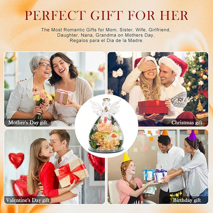 Gifts for Mom Birthday Gifts for Women Preserved Rose Forever Flower in Glass Angel Figurines Fresh Flowers for Delivery Mothers Day Anniversary Real Colorful Roses for Grandma Her Wife from Daughter