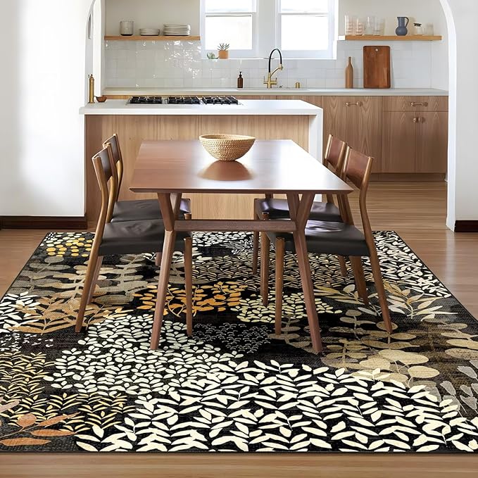 DEXDE 5x7 Area Rugs, Washable Non-Slip Abstract Boho Soft Rug for Living Room Bedroom,Leaves Floral Print Large Carpet for Entryway Playroom Office, Black