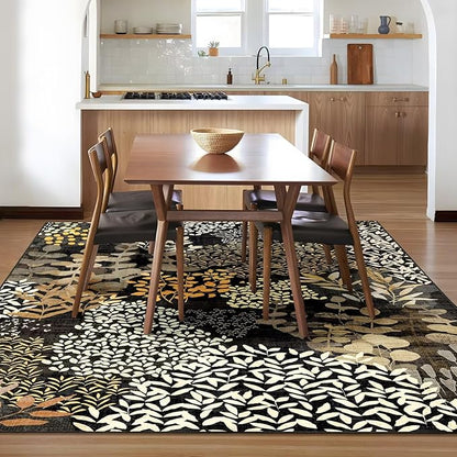 DEXDE 5x7 Area Rugs, Washable Non-Slip Abstract Boho Soft Rug for Living Room Bedroom,Leaves Floral Print Large Carpet for Entryway Playroom Office, Black