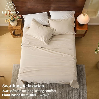 MEISHANG 100% French Pure Linen Sheets Queen Size - 6 PC Extra Deep Pocket Sheet Set, Soft Durable Flax Linen, Anti-Tear Breathable & Oeko-Tex Certified 18-24 Deep Pocket,All Season(Linen)