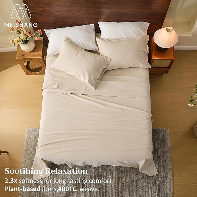MEISHANG 100% French Pure Linen Sheets California King Size - Extra Deep Pocket Sheet Set, Soft Durable Flax Linen, Anti-Tear Breathable & Oeko-Tex Certified 18-24 Deep Pocket,All Season(Linen)