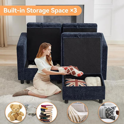 58'' Modular Sectional Loveseat Sofa with Storage, Comfy Office L Shaped Sofa Couch, Chenille Love Seat Modular Sectional Couch with Movable Ottoman for Living Room, Bedroom, Navy