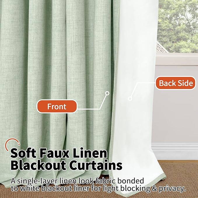 Lajode Sage Green Blackout Curtains for Bedroom - Linen Curtains 72 Inch Length Thermal Insulated Privacy Burlap Boho Window Drapes for Living Room Scandi Farmhouse Dining, 2 Panels, Each 52" Wide
