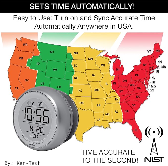 T-4660 Water Resistant Suction Cup Atomic Clock, Silver