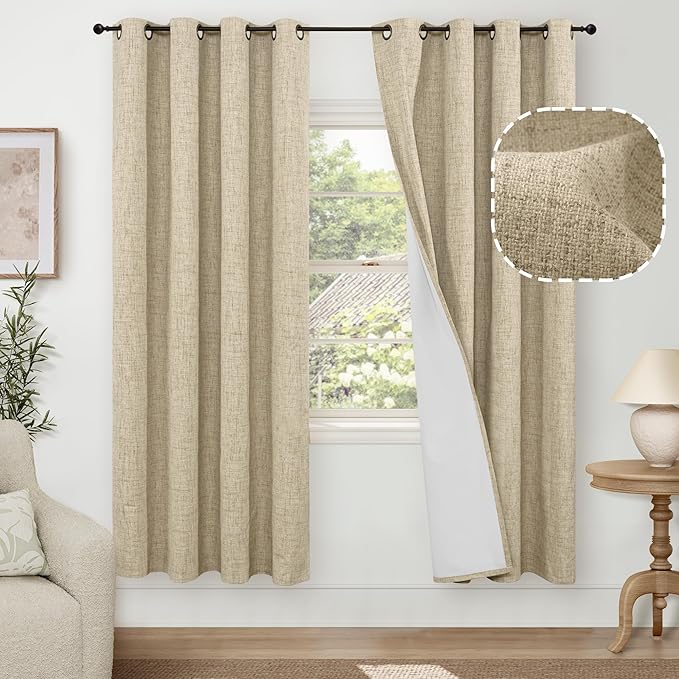 Lajode Blackout Living Room Curtains 72 Inch Long 2 Panels, Textured Black-Out Faux Linen Curtains for Bedroom Light Blocking, Bronze Grommet Thermal Insulated Window Drapery, Each 52" Wide, Burlap