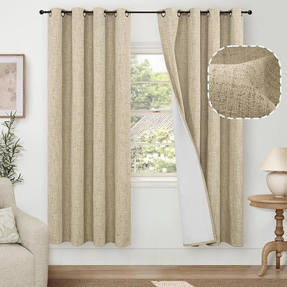 Lajode Blackout Living Room Curtains 72 Inch Long 2 Panels, Textured Black-Out Faux Linen Curtains for Bedroom Light Blocking, Bronze Grommet Thermal Insulated Window Drapery, Each 52" Wide, Burlap