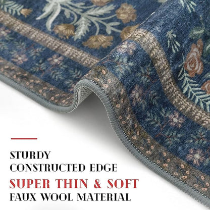 Boho Entryway Rug 2x3 Washable, Navy Floral Kitchen Rug, Super Thin Faux Wool Small Area Rug, Non-Slip Soft Carpet for Foyer, Bedroom, Office