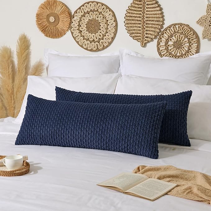 Kevin Textile 14x36 Inch Long Lumbar 1 Pack Boho Decorative Throw Pillow Cover Soft Striped Corduroy Rectangle Cushion Case Farmhouse Solid Color Accent for Living Room Couch Sofa Bed, Navy Blue