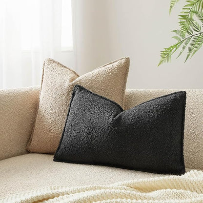 JUSPURBET Black Decorative Pillow Covers 12x20 Set of 2 Throw Pillow Covers for Couch Sofa Bed Cozy Boucle Textured Lumbar Cushion Covers Cases with Hidden Zipper for Living Room Home Decor