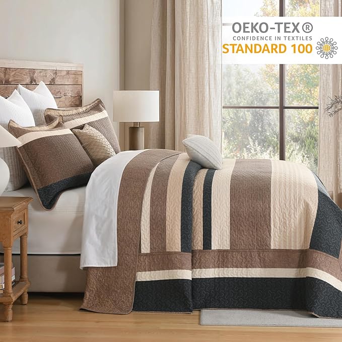 Finlonte Bedspread King Size 100% Cotton Oversized King Size Bedspreads Charcoal Brown Beige California King Quilted Bed Spread Striped Farmhouse Lightweight Soft Bedding Sets for All Season, 3 Piece