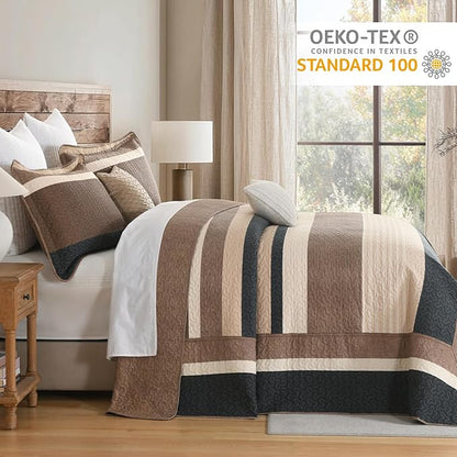 Finlonte Bedspread King Size 100% Cotton Oversized King Size Bedspreads Charcoal Brown Beige California King Quilted Bed Spread Striped Farmhouse Lightweight Soft Bedding Sets for All Season, 3 Piece