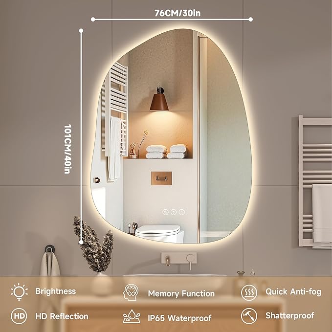 Hasipu Irregular Wall Mirror with Lights- 40"x30" Large Vanity Mirror with Anti-Fog, 3 Color Modes,Dimmable Light, Memory Function, Backlit Wall Mount, Horizontal/Vertical