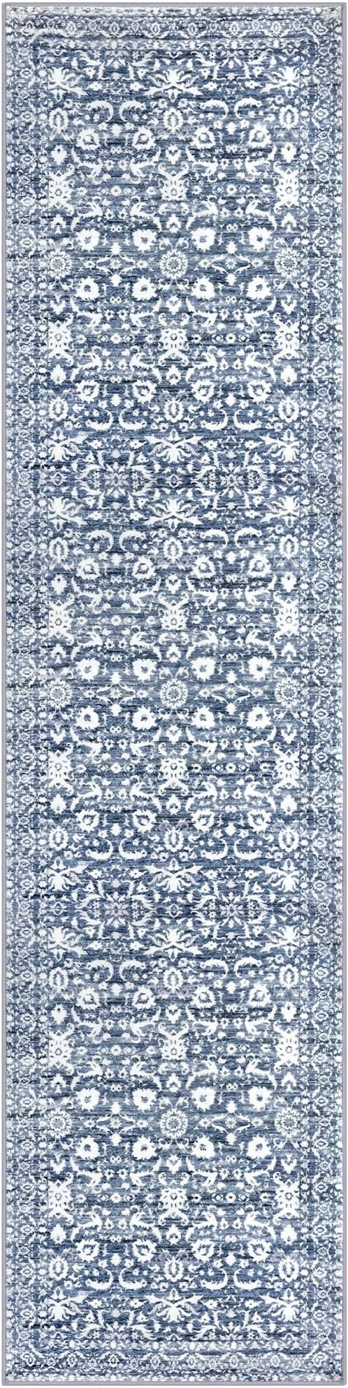 Vintage Floral 2x7 Runner Rug, Light Blue White Washable Bedroom Runner Rug Non-Slip Hallway Kitchen Runner Super Soft Thin Printed Faux Wool Carpet for Entryway Bedroom Laundry Room Indoor