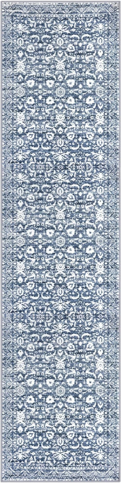 Vintage Floral 2x7 Runner Rug, Light Blue White Washable Bedroom Runner Rug Non-Slip Hallway Kitchen Runner Super Soft Thin Printed Faux Wool Carpet for Entryway Bedroom Laundry Room Indoor