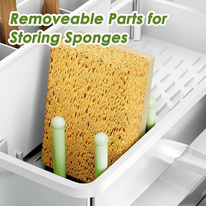 Stainless Steel Sink Caddy, Sponge Holder for Kitchen Sink with Brush Holder & Dishcloth Rack, Rustproof Organizer Countertop, Soap Dispenser Kitchen Organizers Storage Essentials, White